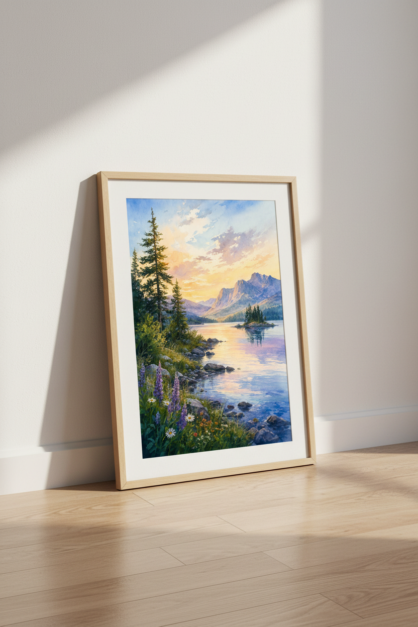 Mountain Lake Watercolor Art | Sunset Landscape, Nature Wall Decor Poster