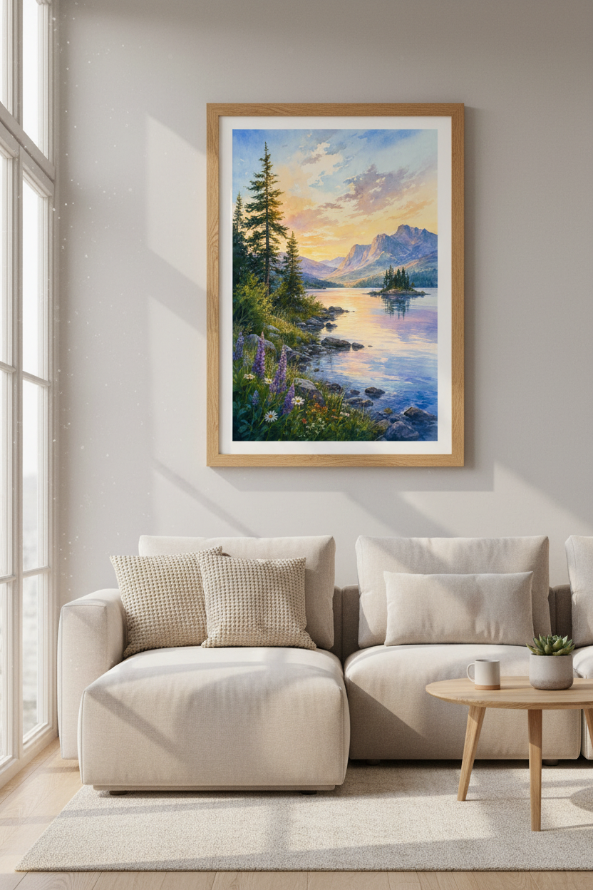 Mountain Lake Watercolor Art | Sunset Landscape, Nature Wall Decor Poster