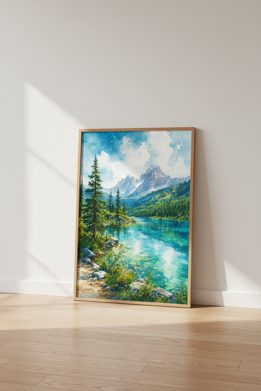 Mountain Lake Watercolor Wall Art | Blue Nature Landscape, Living Room Decor Poster