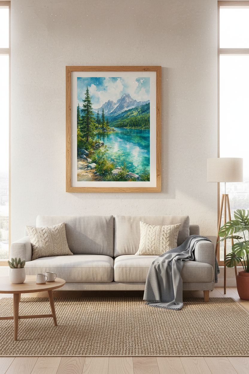 Mountain Lake Watercolor Wall Art | Blue Nature Landscape, Living Room Decor Poster