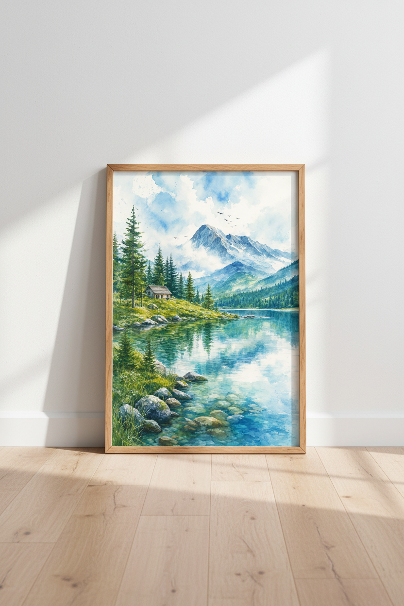 Mountain Lake Watercolor Wall Art | Nature Landscape Poster | Serene Cabin Decor