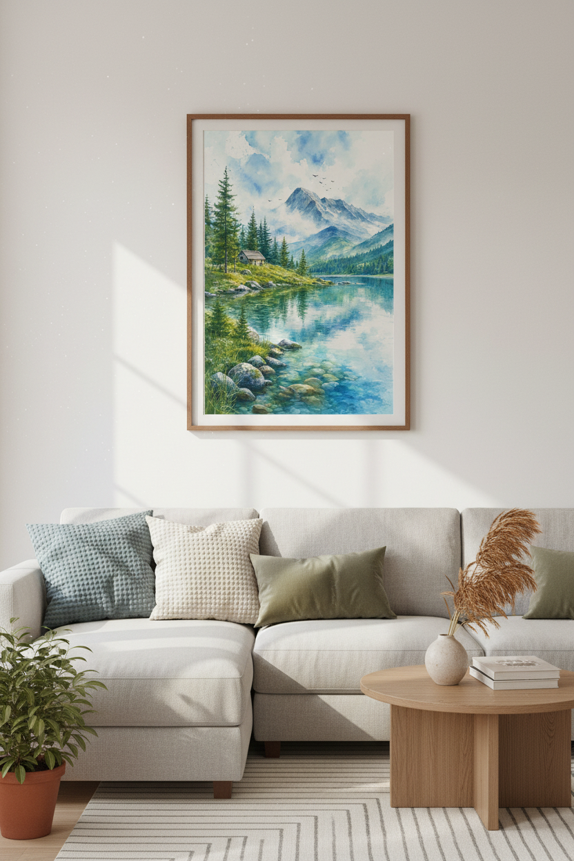 Mountain Lake Watercolor Wall Art | Nature Landscape Poster | Serene Cabin Decor