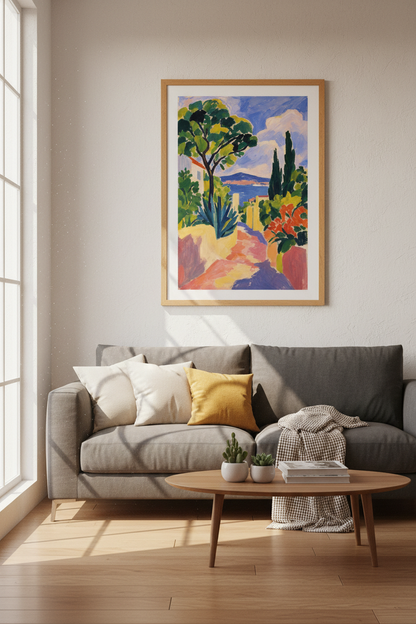 Mediterranean Coastal Landscape | Fauvist Blue &amp; Yellow Art, Living Room Wall Decor