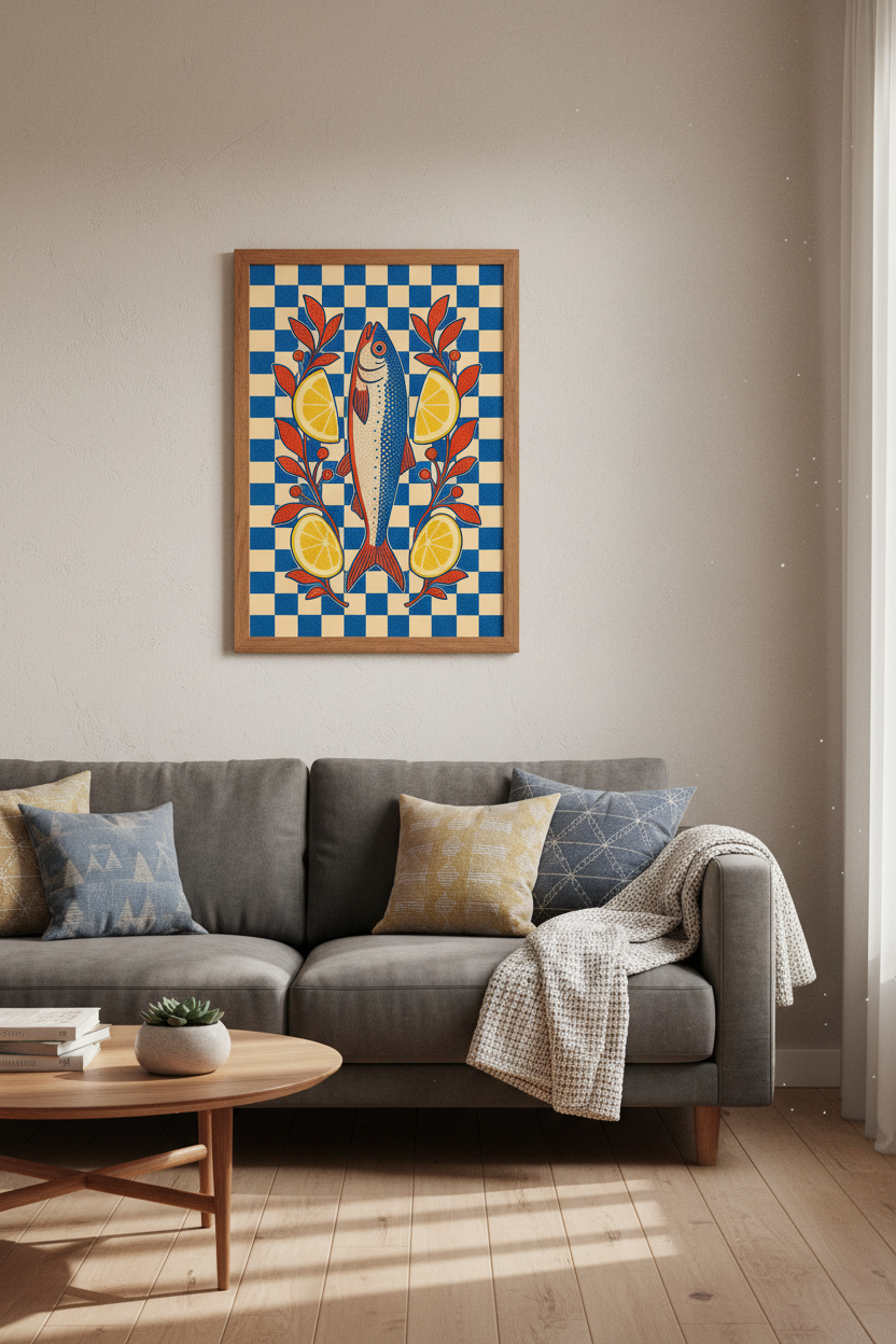Sardines &amp; Lemons Art | Blue Checkered Folk Style Kitchen Decor | Mediterranean Poster