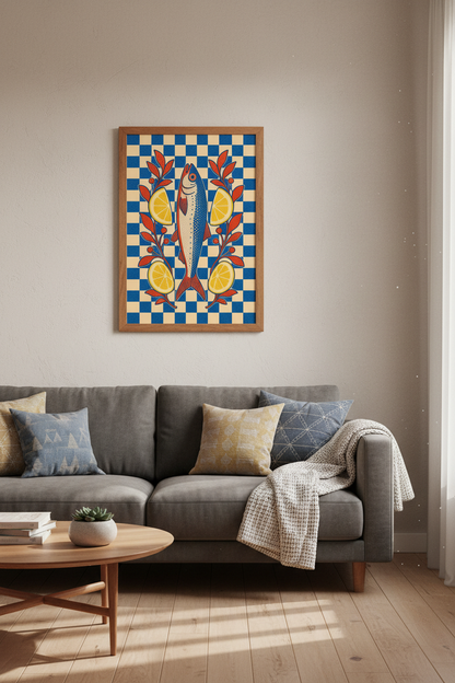Sardines &amp; Lemons Art | Blue Checkered Folk Style Kitchen Decor | Mediterranean Poster