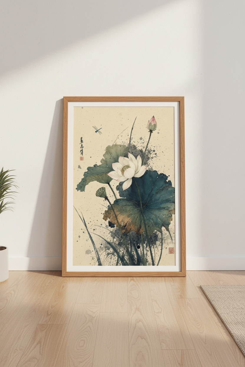 Vintage Lotus Flower Wall Art | Zen Asian Style Poster, Minimalist Nature Decor