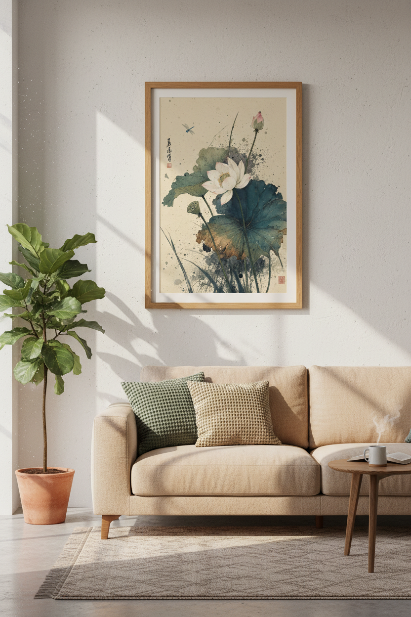 Vintage Lotus Flower Wall Art | Zen Asian Style Poster, Minimalist Nature Decor
