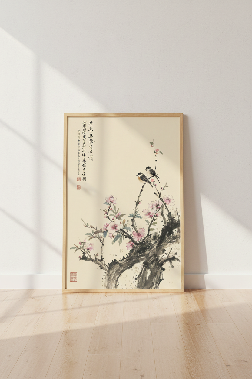 Chinese Bird and Blossom Wall Art | Vintage Ink Floral, Bedroom Decor Aesthetic Print