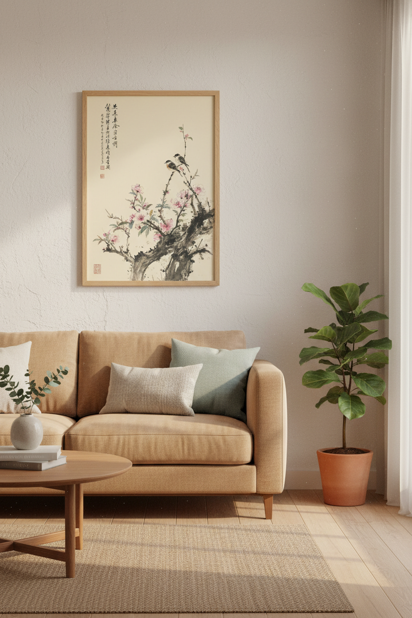 Chinese Bird and Blossom Wall Art | Vintage Ink Floral, Bedroom Decor Aesthetic Print