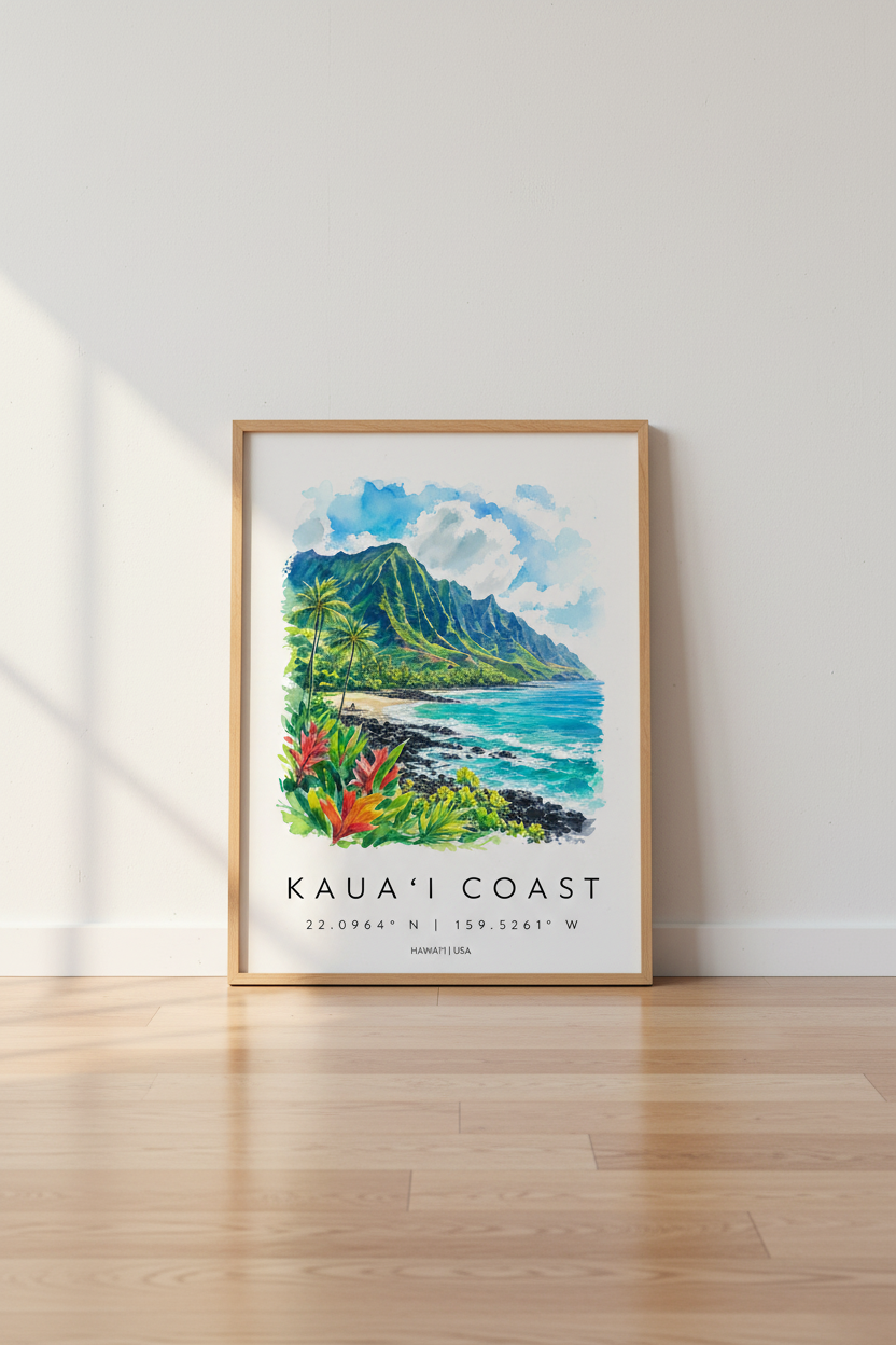 Kauai Coast Watercolor Art | Hawaii Travel Poster, Tropical Beach Decor