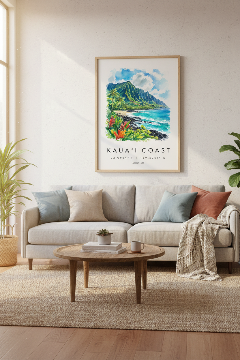 Kauai Coast Watercolor Art | Hawaii Travel Poster, Tropical Beach Decor