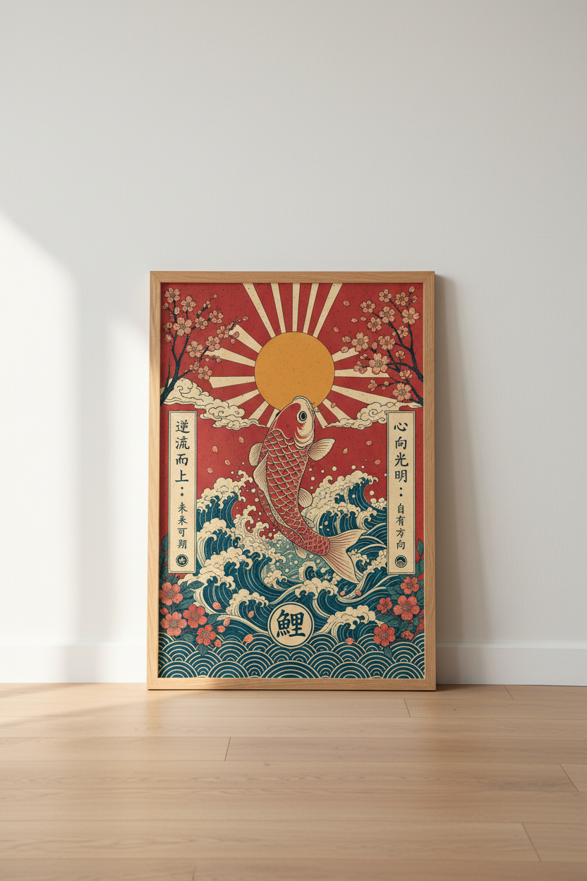 Japanese Koi Fish Wall Art | Red Sun &amp; Wave Poster, Zen Bedroom Decor