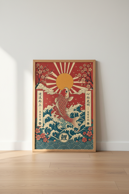 Japanese Koi Fish Wall Art | Red Sun &amp; Wave Poster, Zen Bedroom Decor