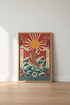 Japanese Koi Fish Wall Art | Red Sun & Wave Poster, Zen Bedroom Decor