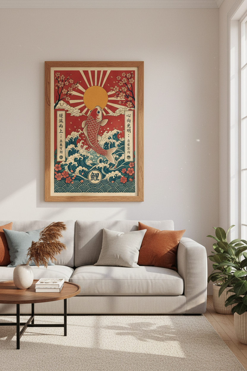 Japanese Koi Fish Wall Art | Red Sun &amp; Wave Poster, Zen Bedroom Decor