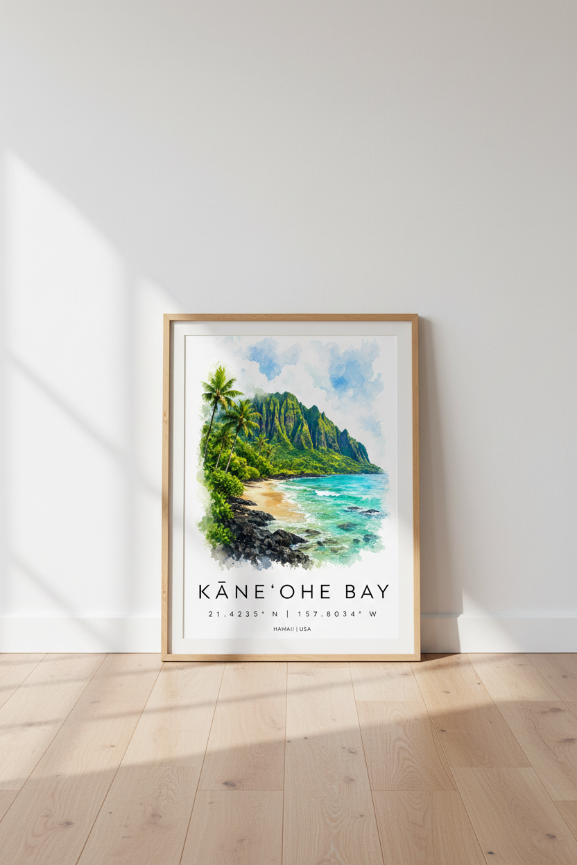 Hawaii Kaneohe Bay Art Print | Oahu Landscape Watercolor, Tropical Coastal Decor
