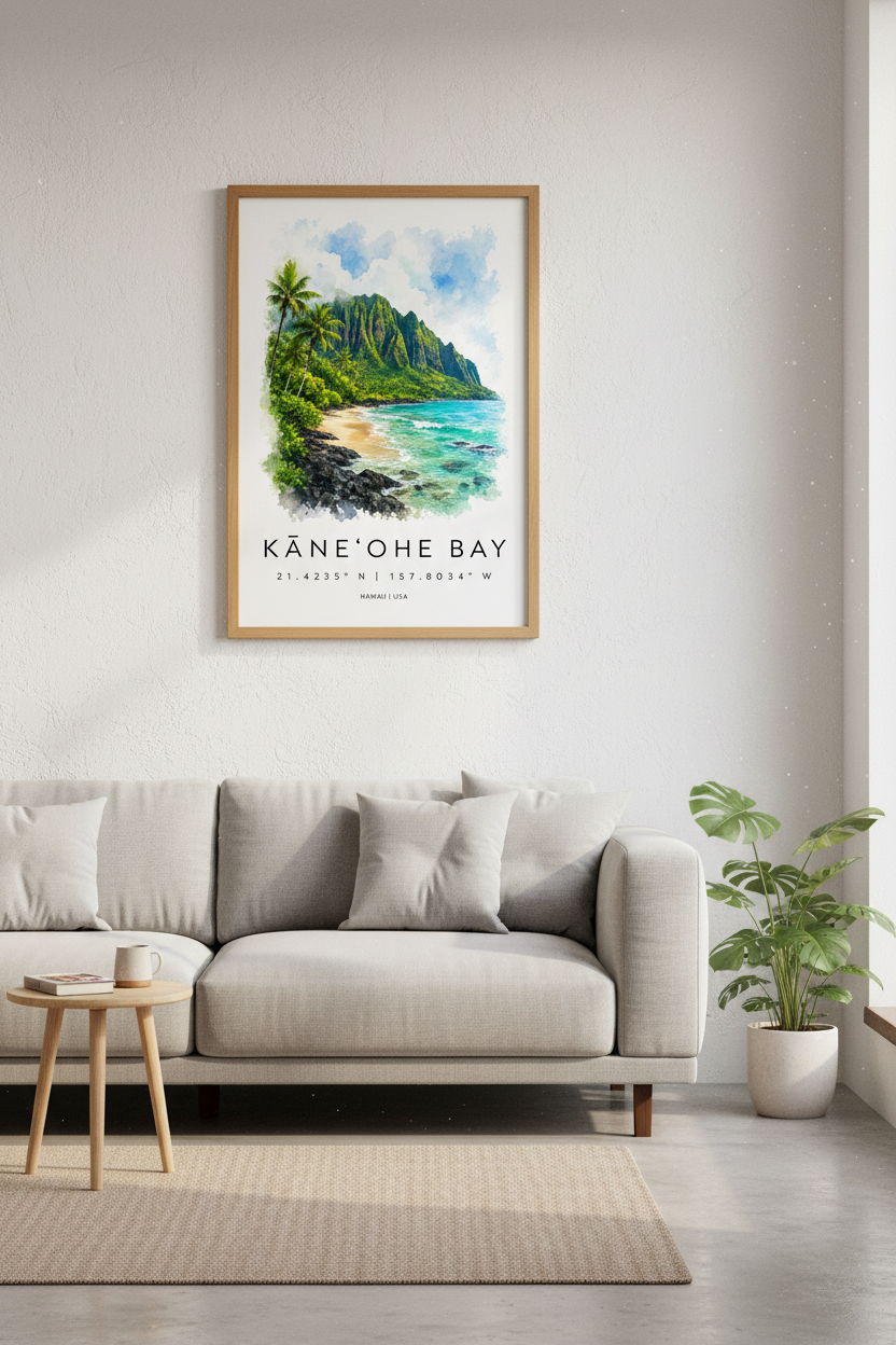 Hawaii Kaneohe Bay Art Print | Oahu Landscape Watercolor, Tropical Coastal Decor