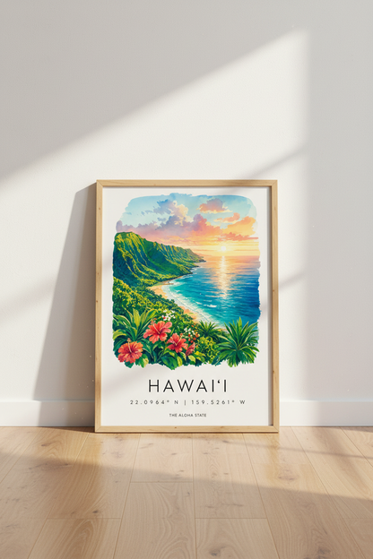 Hawaii Travel Poster | Watercolor Coastal Landscape, Tropical Beach Wall Art Print