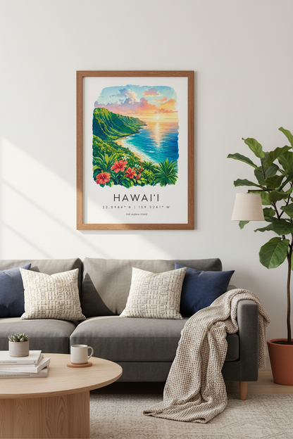 Hawaii Travel Poster | Watercolor Coastal Landscape, Tropical Beach Wall Art Print