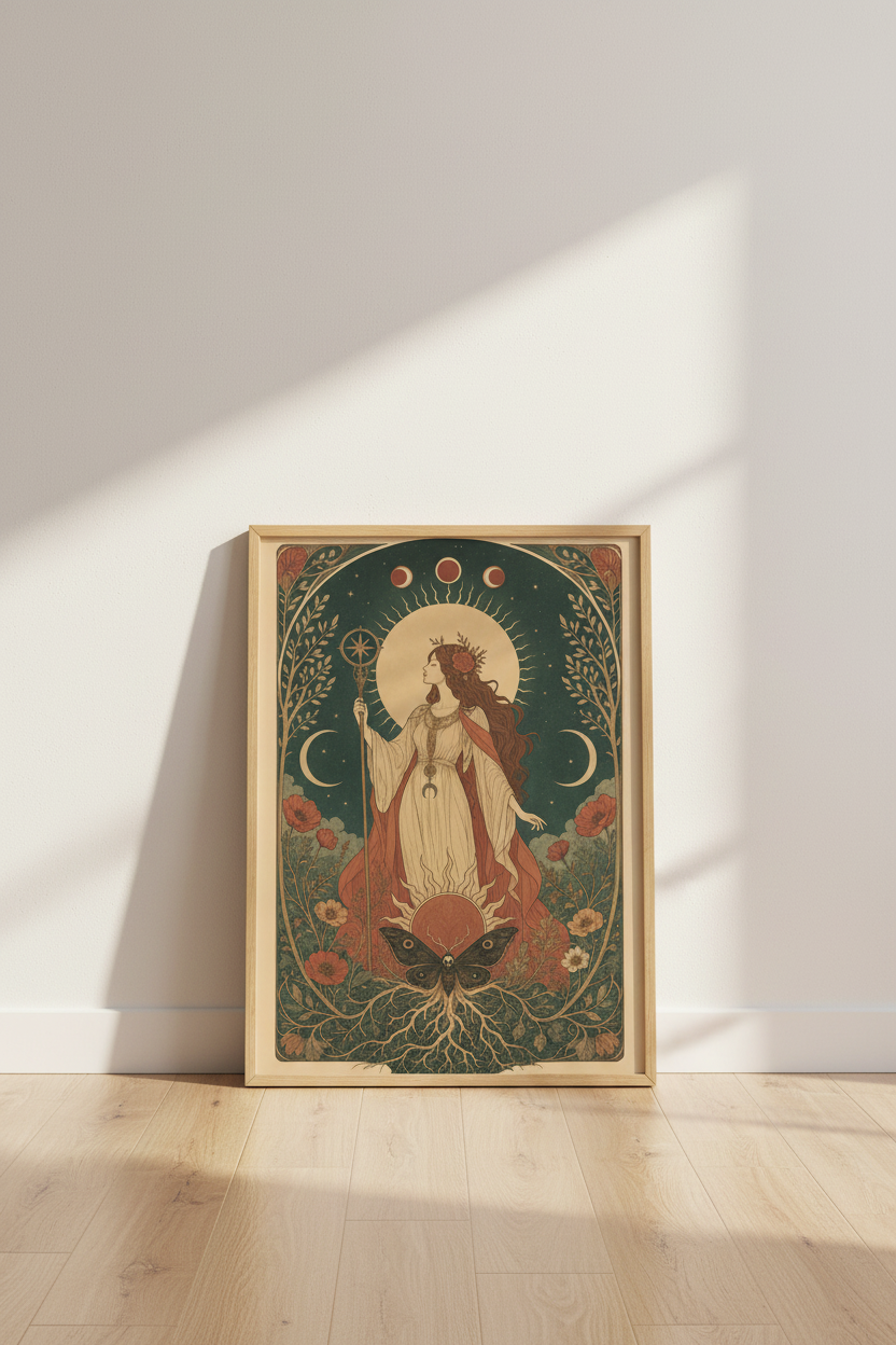 Celestial Goddess Wall Art | Art Nouveau Moon Poster, Witchy Boho Bedroom Decor
