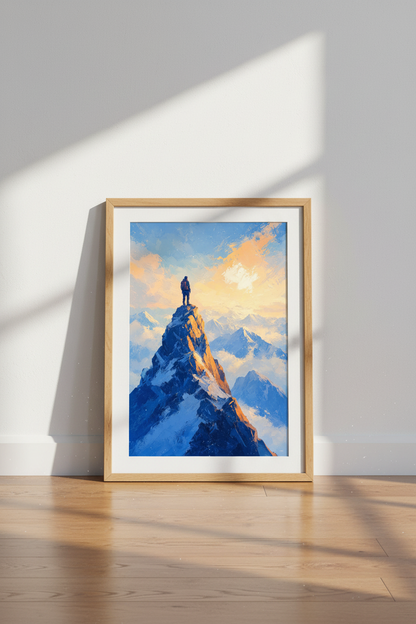 Mountain Hiker | Blue Orange Sunrise Landscape, Modern Adventure Office Decor