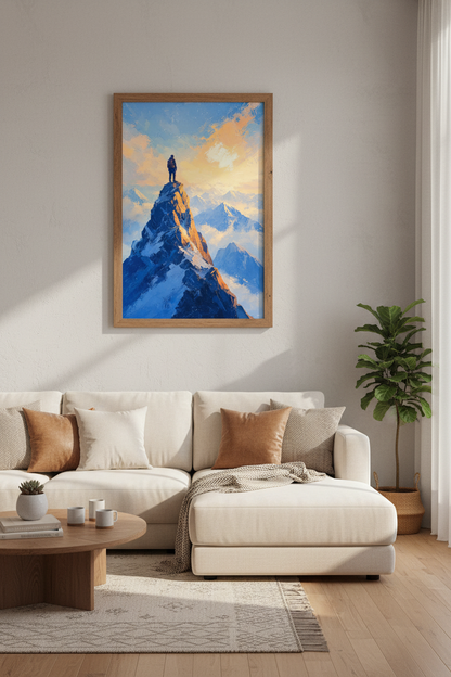 Mountain Hiker | Blue Orange Sunrise Landscape, Modern Adventure Office Decor