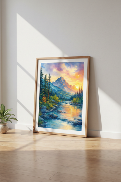 Mountain Sunset Watercolor Wall Art | Nature River Landscape, Living Room Decor