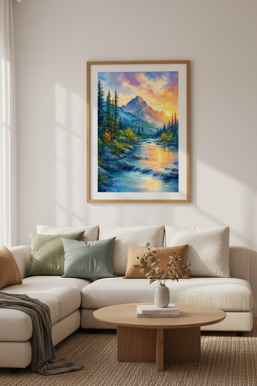 Mountain Sunset Watercolor Wall Art | Nature River Landscape, Living Room Decor