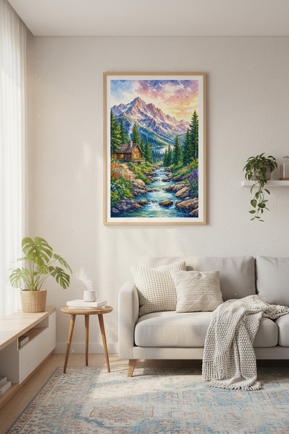 Mountain Landscape Cabin Wall Art | Watercolor Nature Scene, Living Room Decor