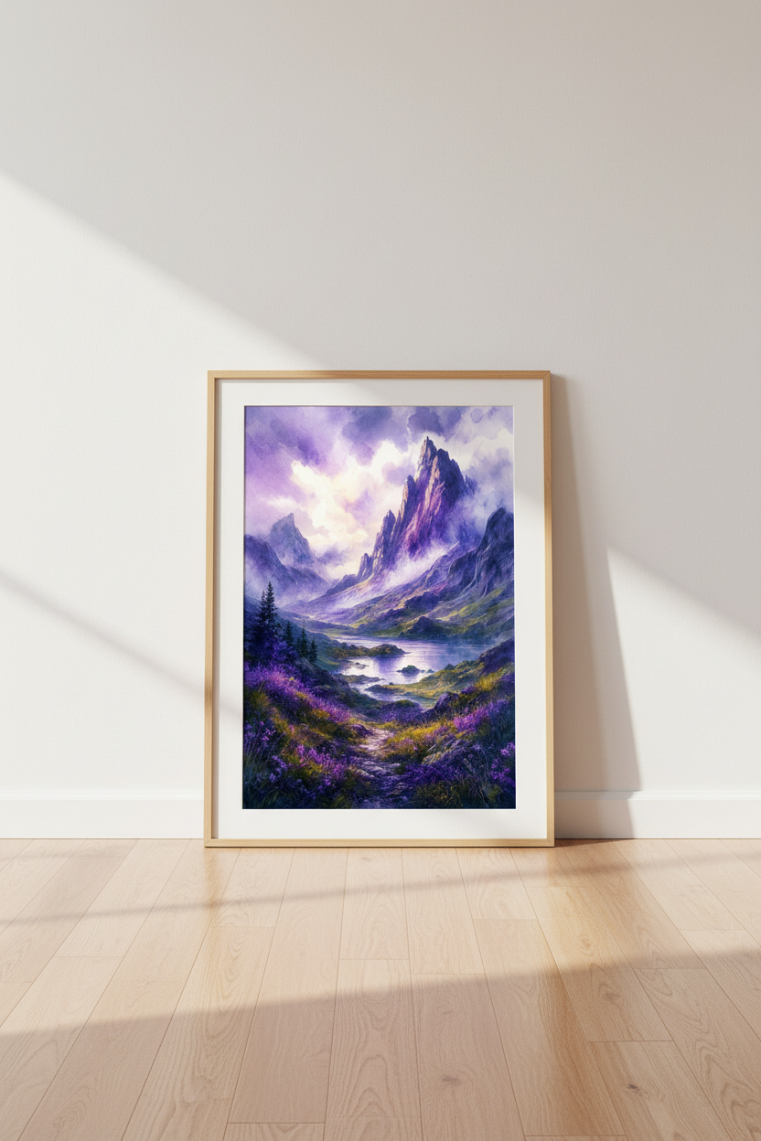 Purple Mountain Landscape | Watercolor Lake Scene, Living Room Decor Art