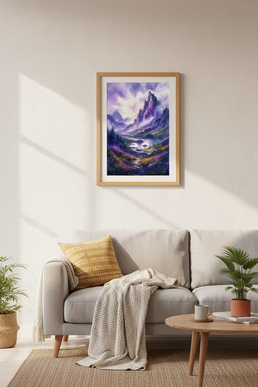 Purple Mountain Landscape | Watercolor Lake Scene, Living Room Decor Art