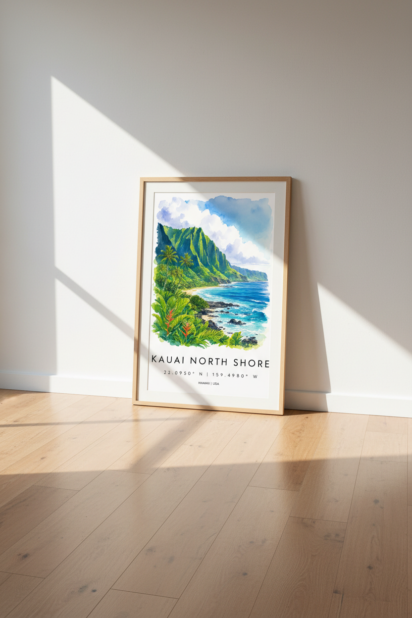 Kauai North Shore Hawaii Watercolor Wall Art | Tropical Travel Poster, Beach House Decor
