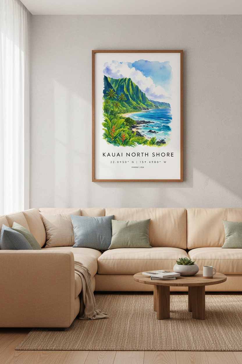 Kauai North Shore Hawaii Watercolor Wall Art | Tropical Travel Poster, Beach House Decor