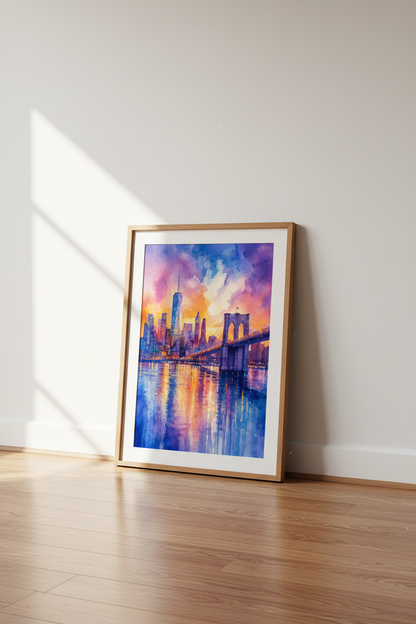 NYC Skyline Watercolor | Brooklyn Bridge Sunset Print, Modern Living Room Decor