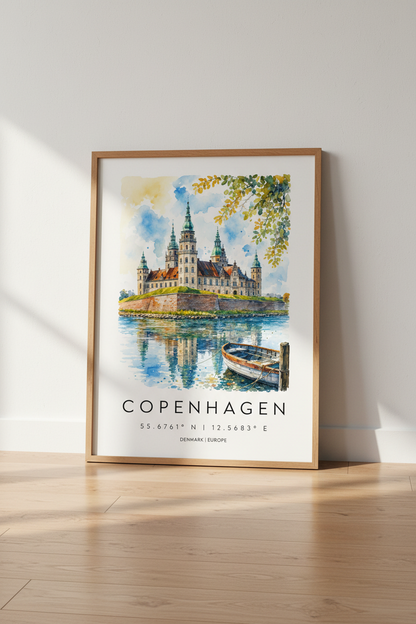 Copenhagen Denmark Wall Art | Watercolor Castle Print, Scandi Travel Decor