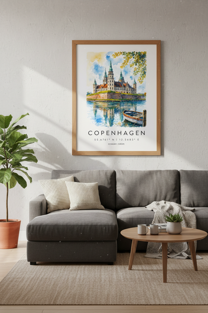 Copenhagen Denmark Wall Art | Watercolor Castle Print, Scandi Travel Decor