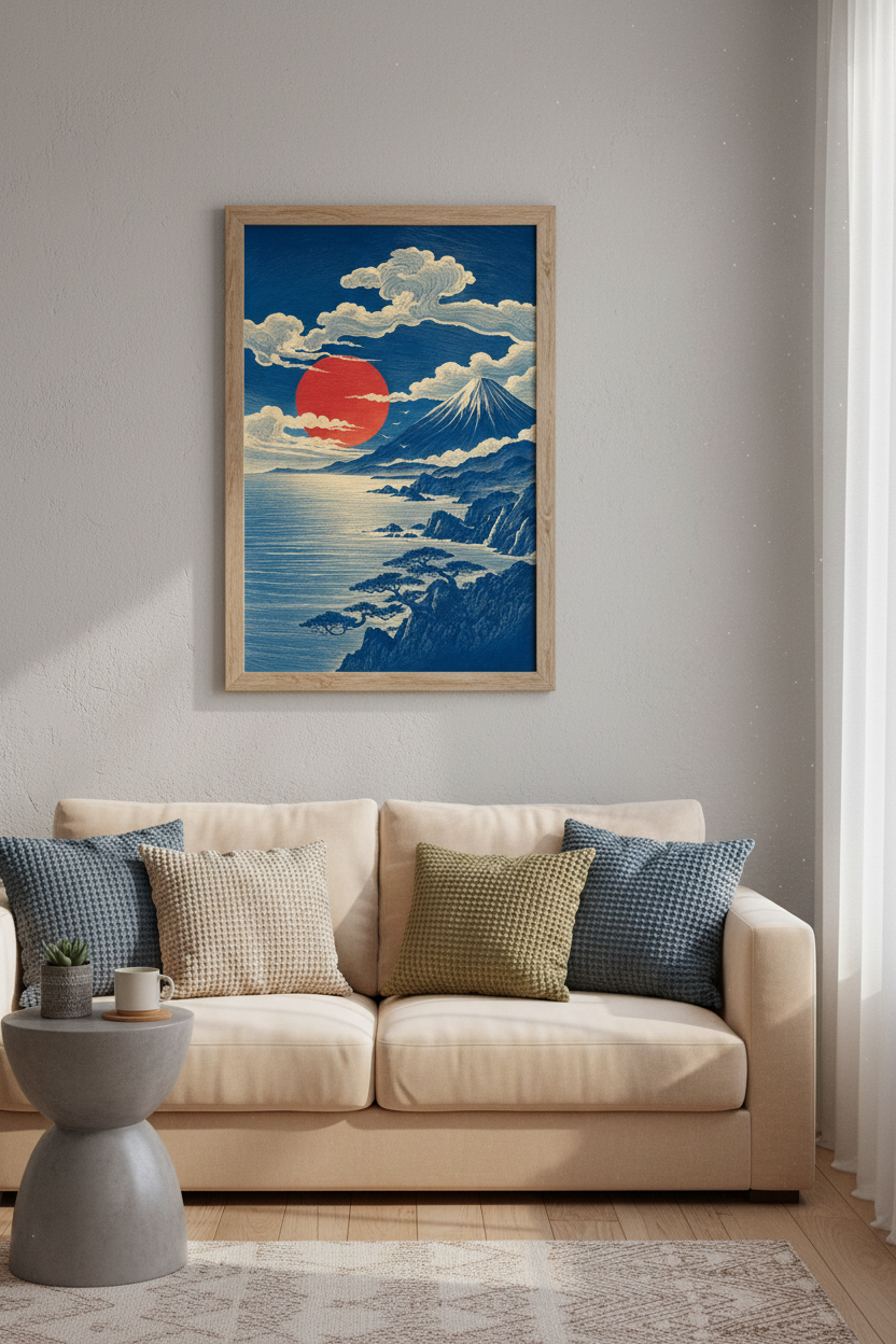Japanese Mount Fuji Wall Art Print | Red Sun Coastal Decor | Zen Landscape Poster