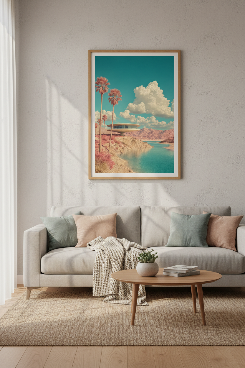 Retro Futurist Desert House Print | Teal and Pink Mid Century Modern Wall Art Decor
