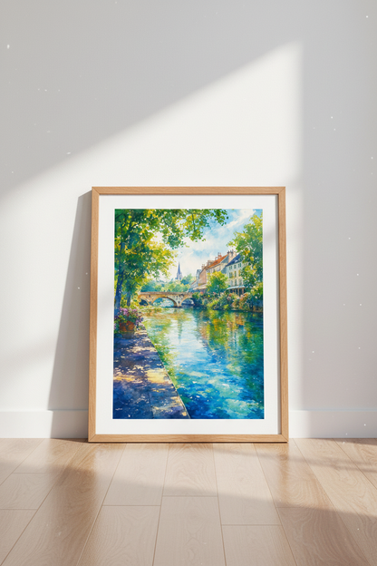European Village Watercolor | Canal Bridge Scene, Living Room Decor Aesthetic Poster