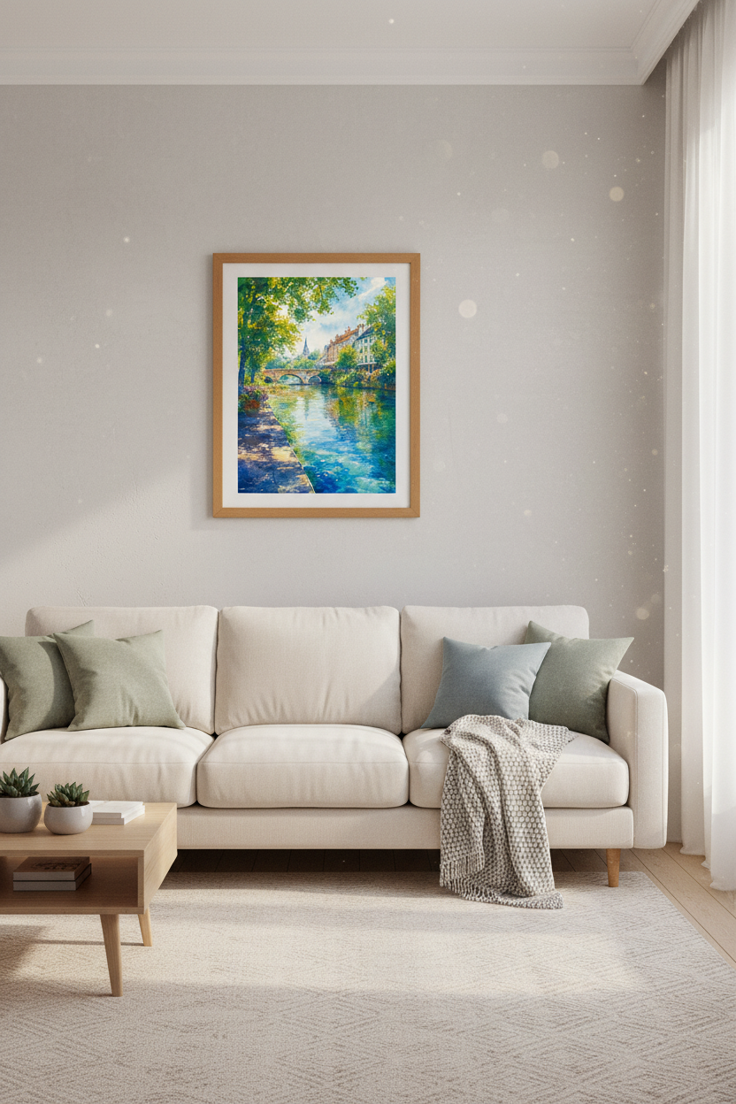 European Village Watercolor | Canal Bridge Scene, Living Room Decor Aesthetic Poster