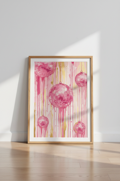 Pink Disco Ball Watercolor Wall Art | Preppy Room Decor | Gold Drip Poster