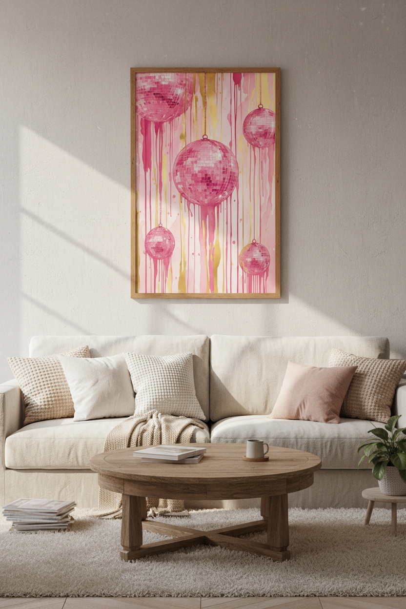 Pink Disco Ball Watercolor Wall Art | Preppy Room Decor | Gold Drip Poster