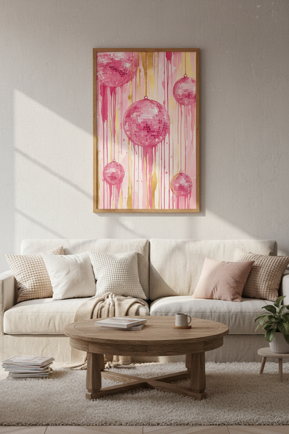 Pink Disco Ball Watercolor Wall Art | Preppy Room Decor | Gold Drip Poster
