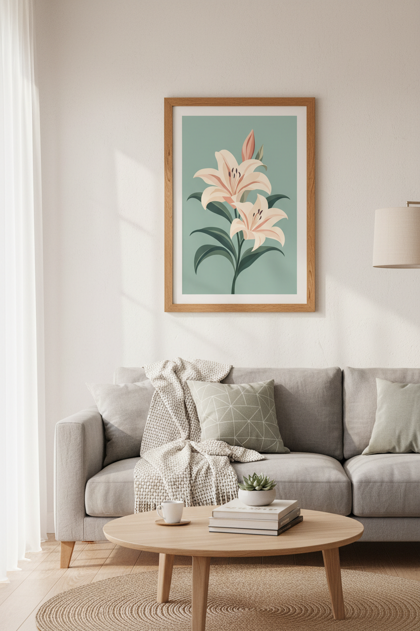 Cream Lily Flower Wall Art | Sage Green Botanical Decor | Minimalist Poster