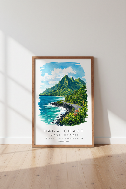 Hana Coast Maui Travel Poster | Watercolor Tropical Blue, Living Room Decor