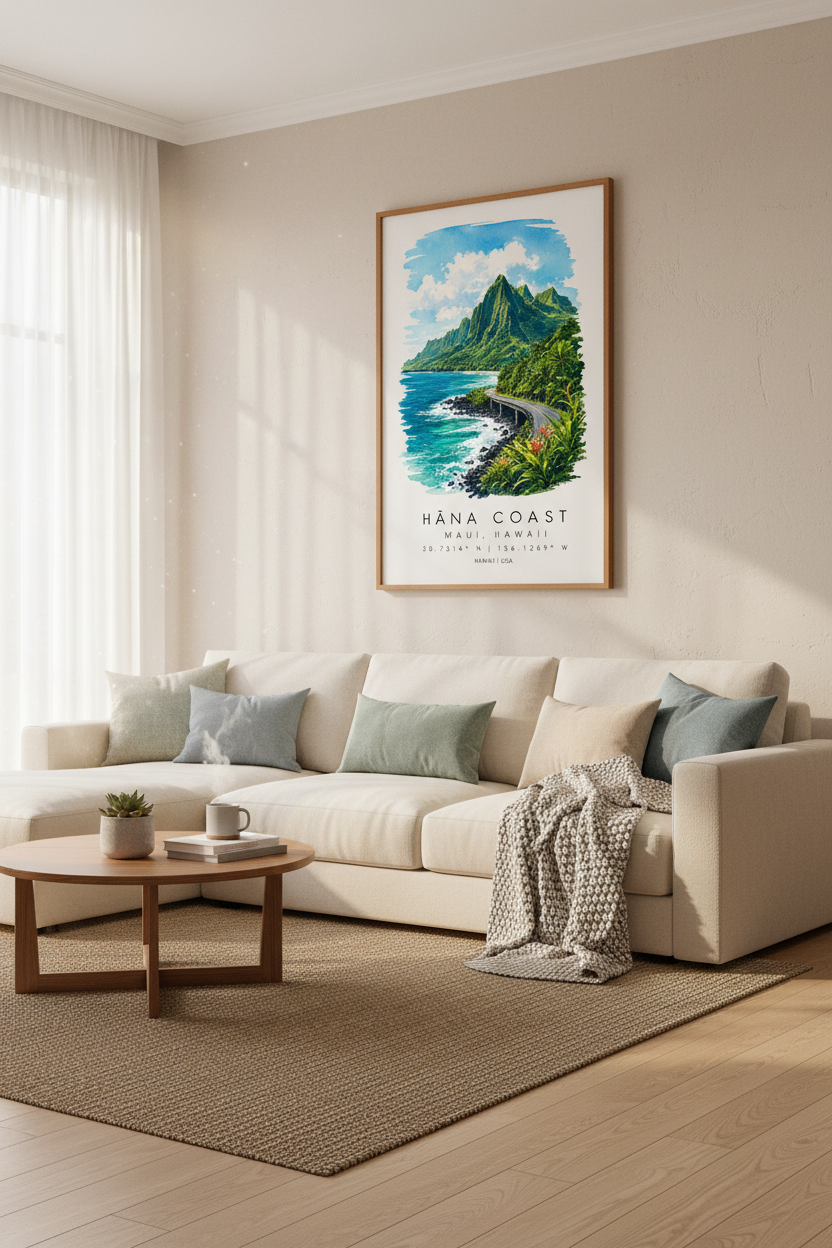 Hana Coast Maui Travel Poster | Watercolor Tropical Blue, Living Room Decor