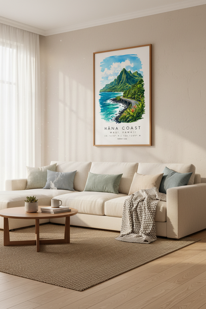 Hana Coast Maui Travel Poster | Watercolor Tropical Blue, Living Room Decor