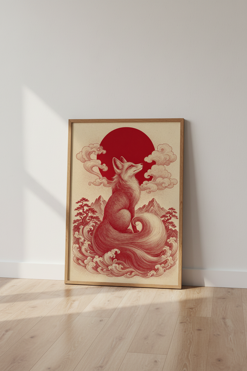 Japanese Kitsune Fox Art | Red Sun &amp; Waves Poster, Oriental Living Room Decor