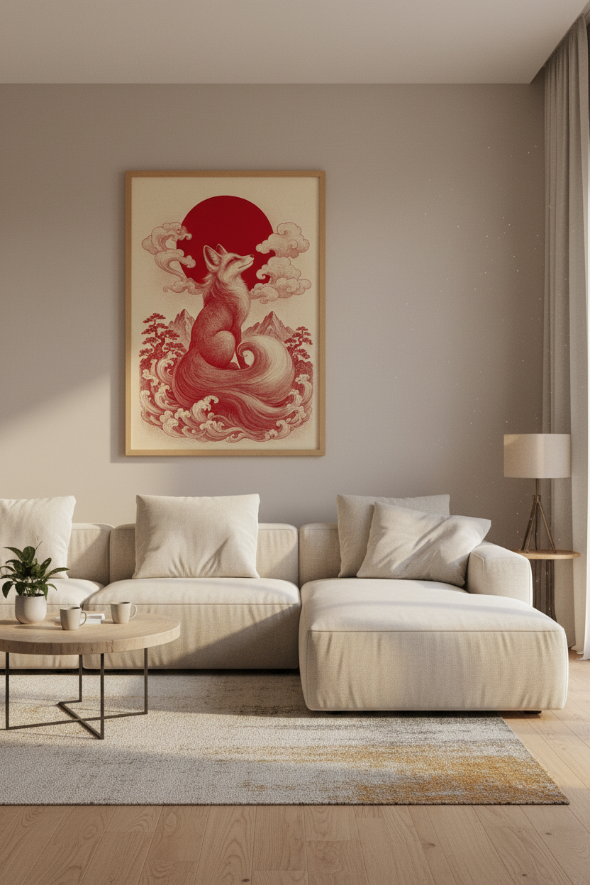 Japanese Kitsune Fox Art | Red Sun &amp; Waves Poster, Oriental Living Room Decor