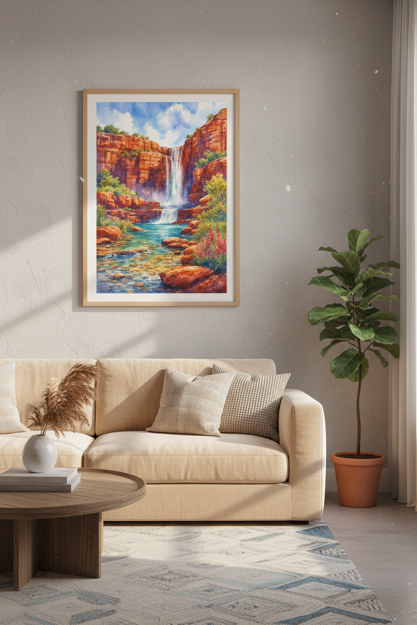 Waterfall Landscape Wall Art Print | Red Rock Desert Decor | Watercolor Poster